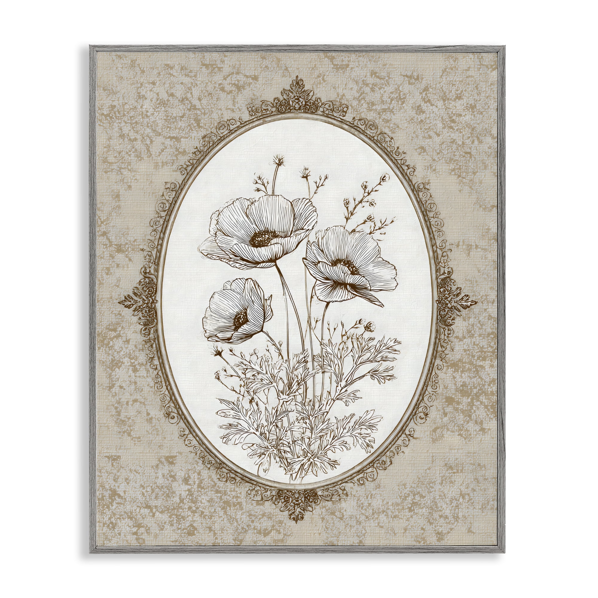 Stupell Industries Vintage Floral Sketch of Poppies Gray Framed Giclee Art, design by Ink Drop Loft