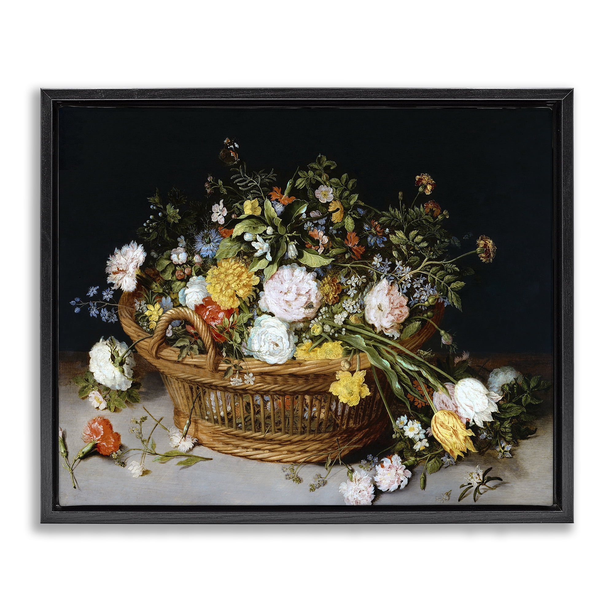 Stupell Industries Vintage Flower Basket Plants & Flowers Painting Black Floater Framed Canvas Art Print Wall Art, 31 x 25