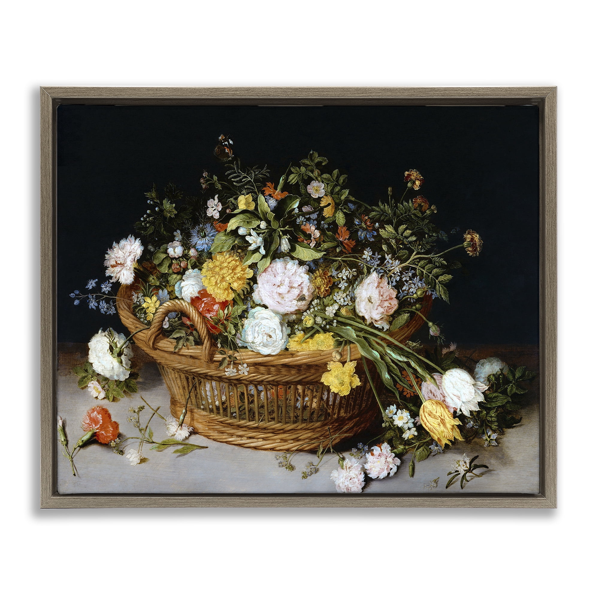 Stupell Industries Vintage Flower Basket Plants & Flowers Painting Brown Floater Framed Canvas Art Print Wall Art, 21 x 17