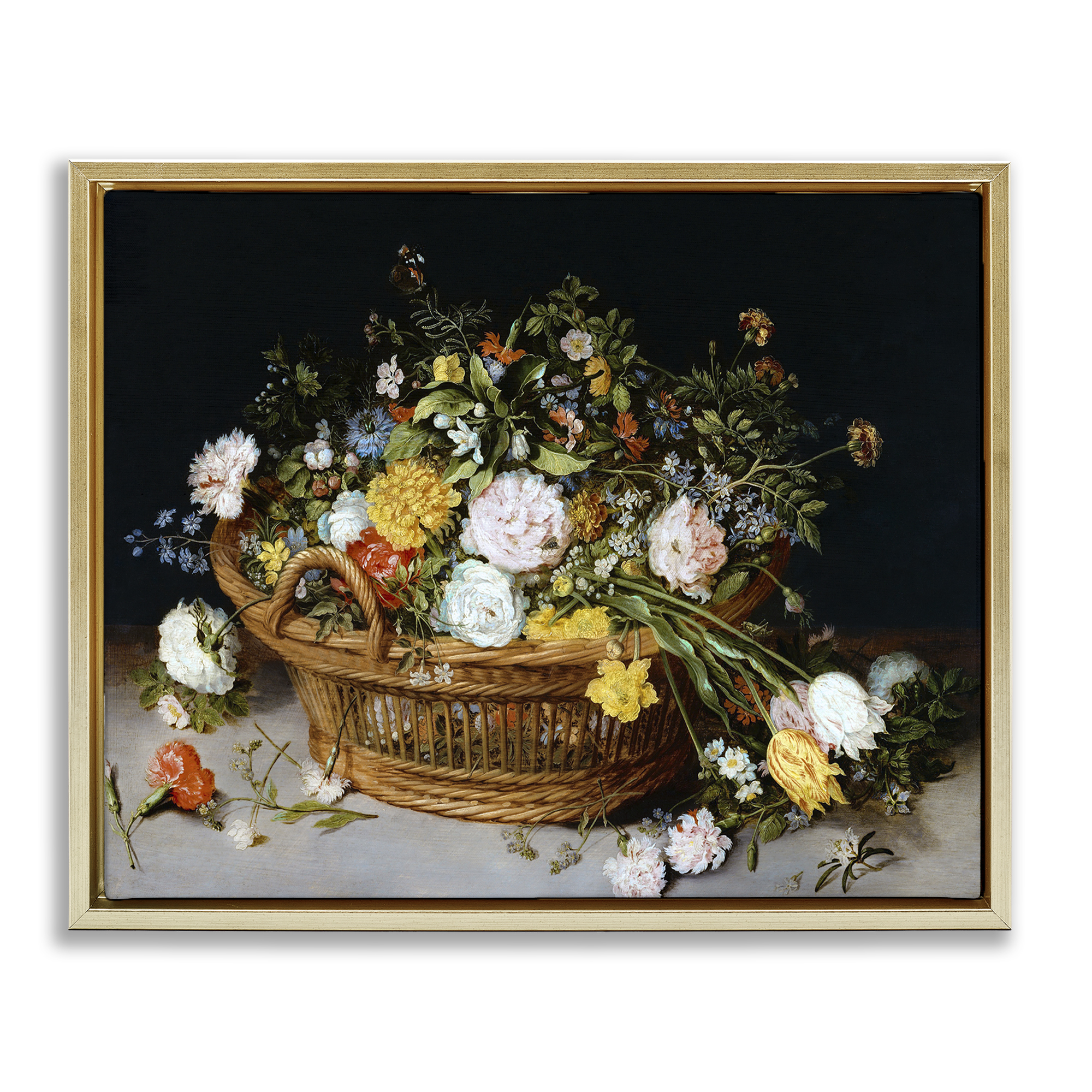 Stupell Industries Vintage Flower Basket Plants & Flowers Painting Gold Floater Framed Canvas Art Print Wall Art, 31 x 25