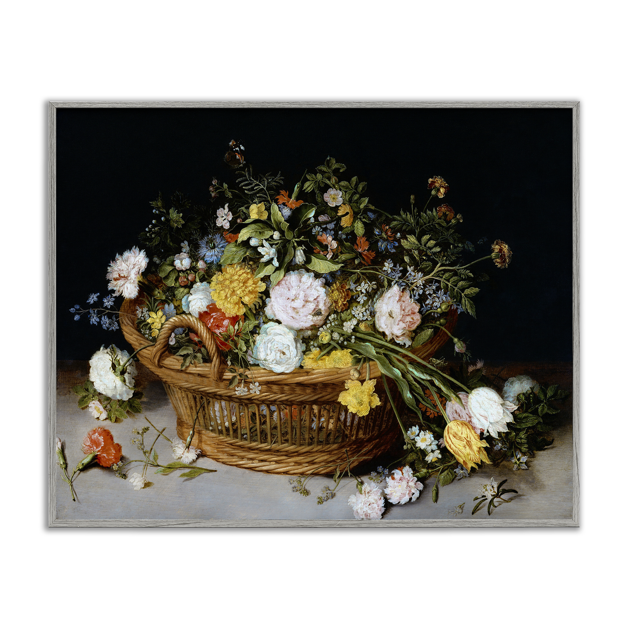 Stupell Industries Vintage Flower Basket Plants & Flowers Painting Gray Framed Art Print Wall Art, 14 x 11