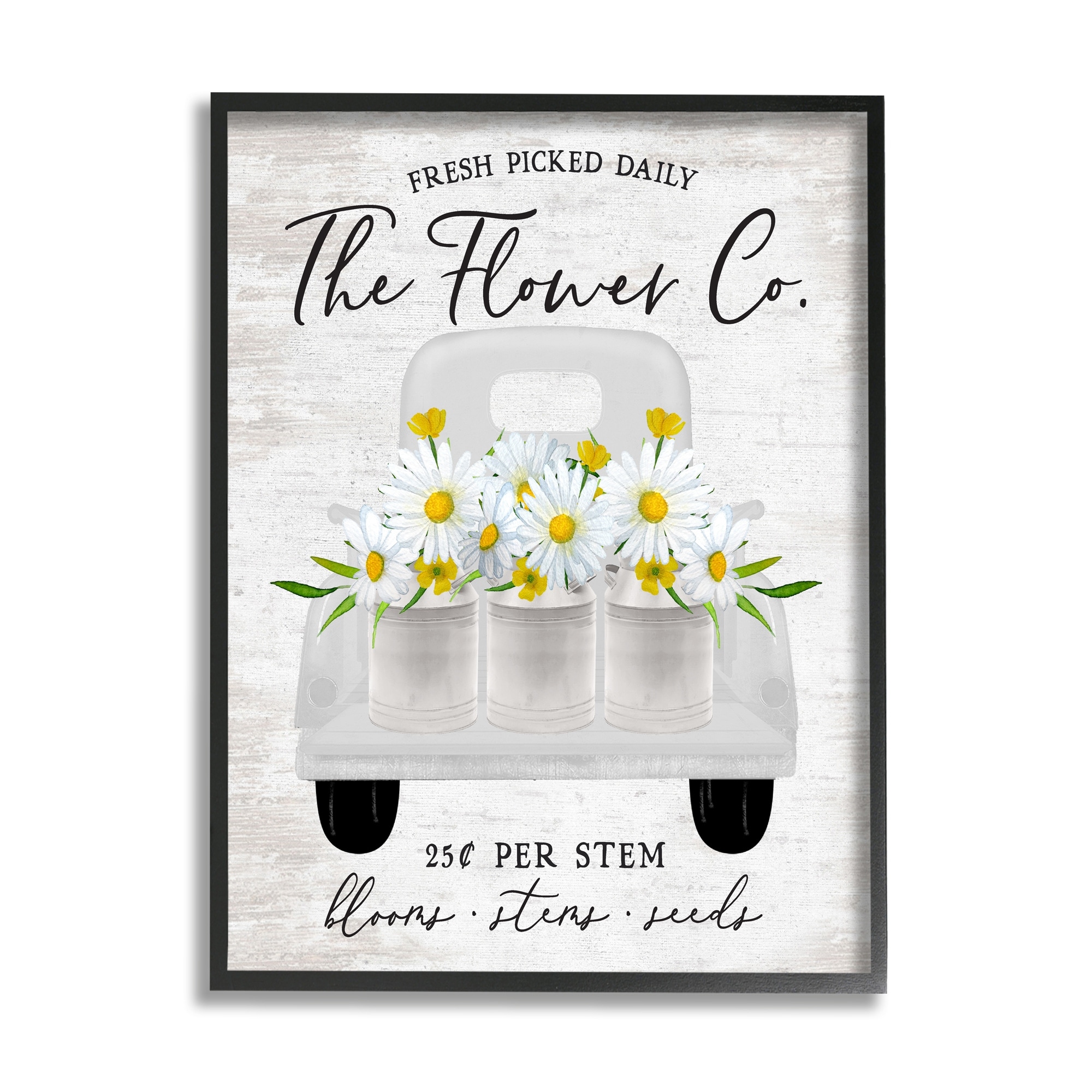 Stupell Industries Vintage Flower Co. Daisy Blooms Filled Pickup Truck Graphic Art Black Framed Art Print Wall Art, Design by Lettered and Lined