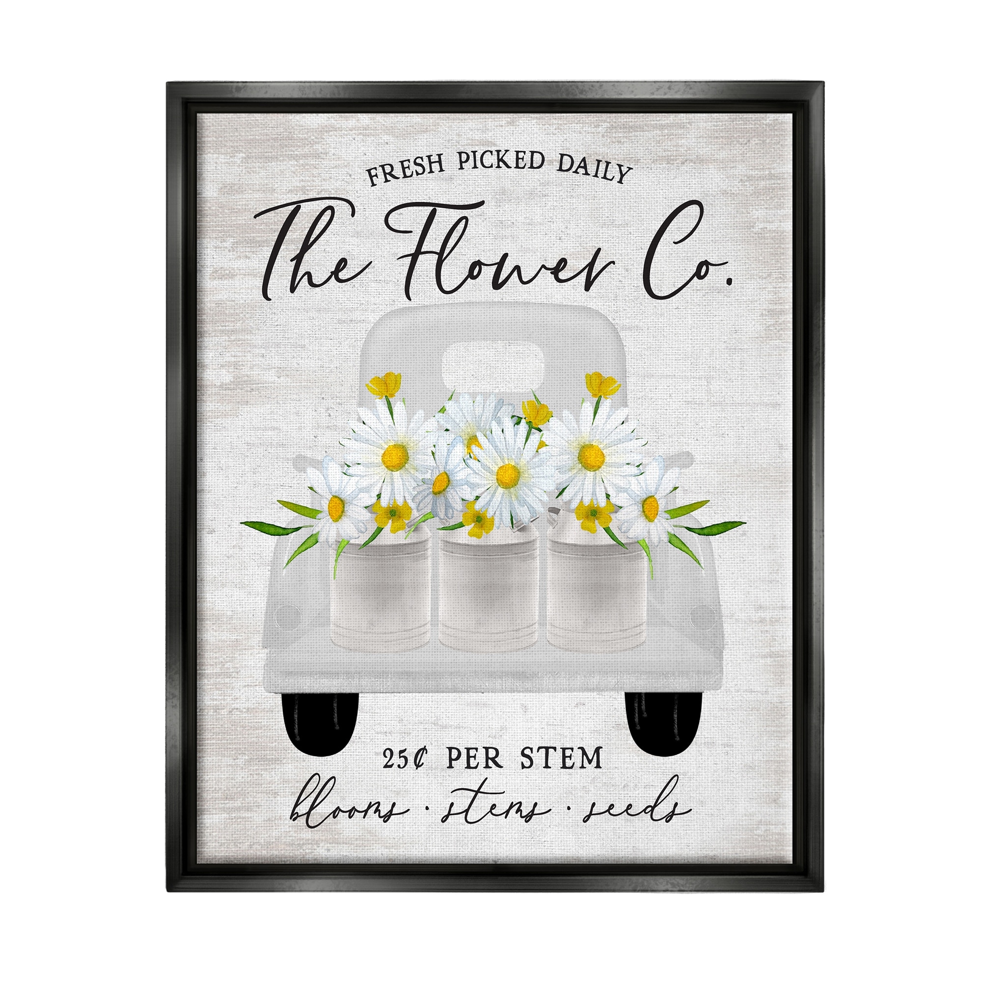 Stupell Industries Vintage Flower Co. Daisy Blooms Filled Pickup Truck Graphic Art Jet Black Floating Framed Canvas Print Wall Art, Design by Lettered and Lined