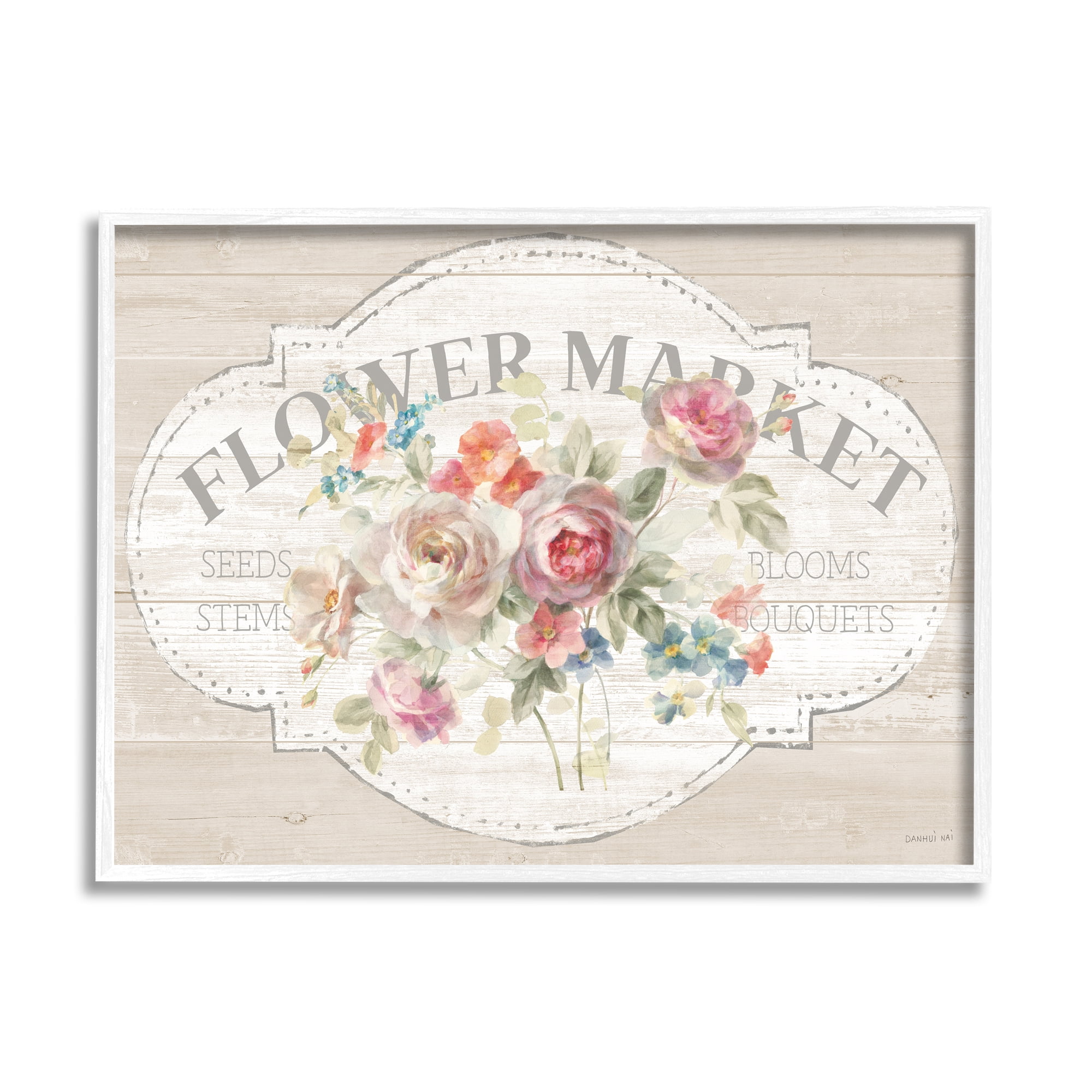 Stupell Industries Vintage Flower Market Sign Graphic Art White Framed Art Print Wall Art, 11x14, by Danhui Nai