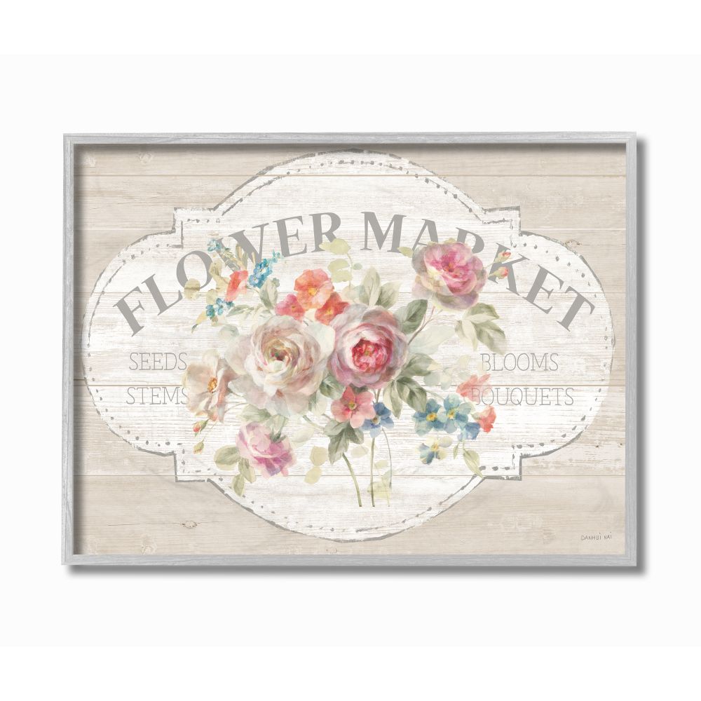 Stupell Industries Vintage Flower Market Sign Gray Farmhouse Rustic Framed Giclee Texturized Art by Danhui Nai