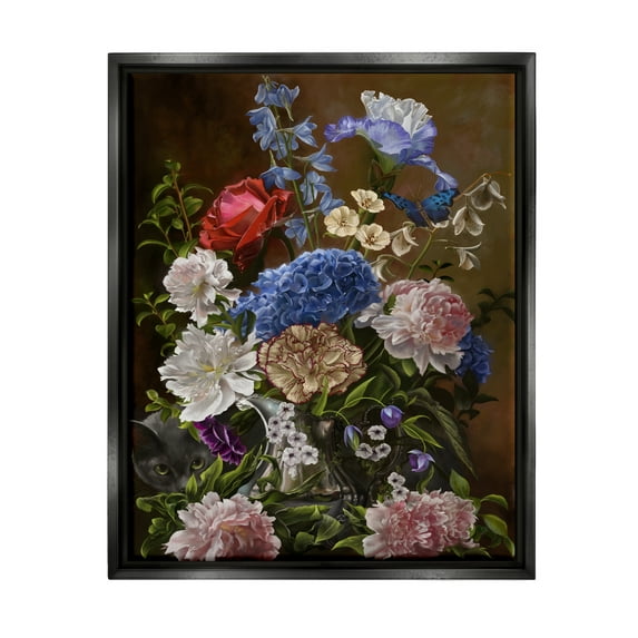 Stupell Industries Vintage Flowers & Cat Botanical & Floral Painting Black Floater Framed Canvas Art Print Wall Art, 25 x 31