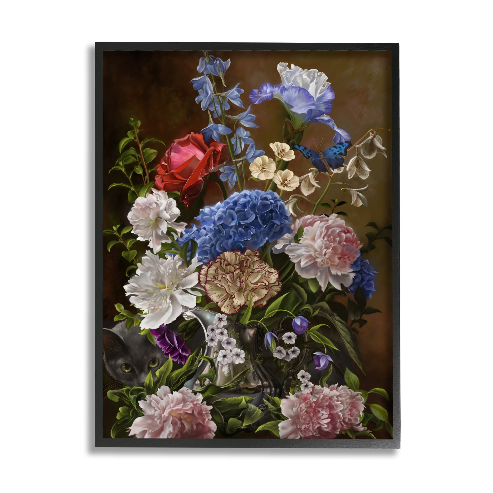 Stupell Industries Vintage Flowers & Cat Botanical & Floral Painting Black Framed Art Print Wall Art, 24 x 30