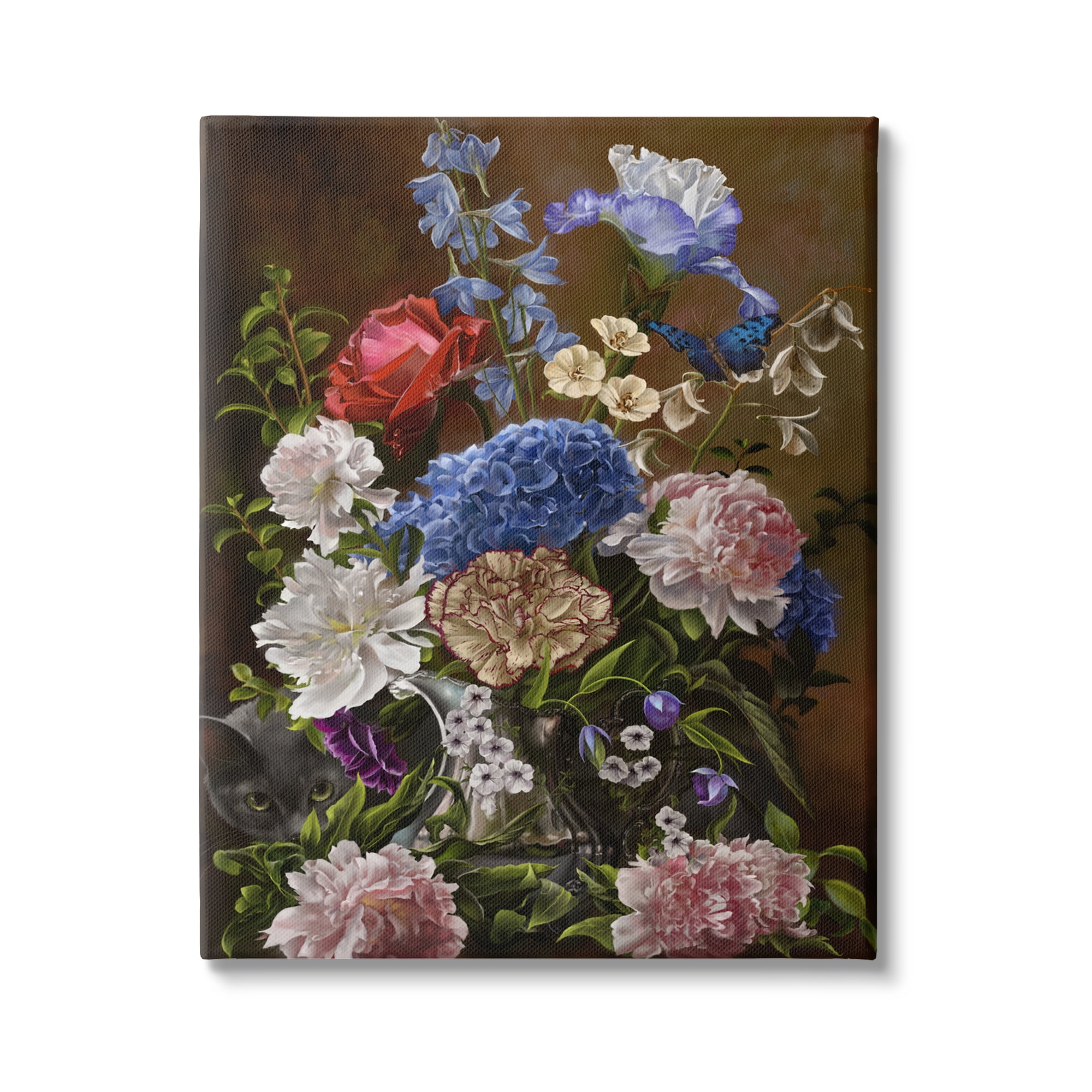 Stupell Industries Vintage Flowers & Cat Botanical & Floral Painting Gallery Wrapped Canvas Art Print Wall Art, 30 x 40