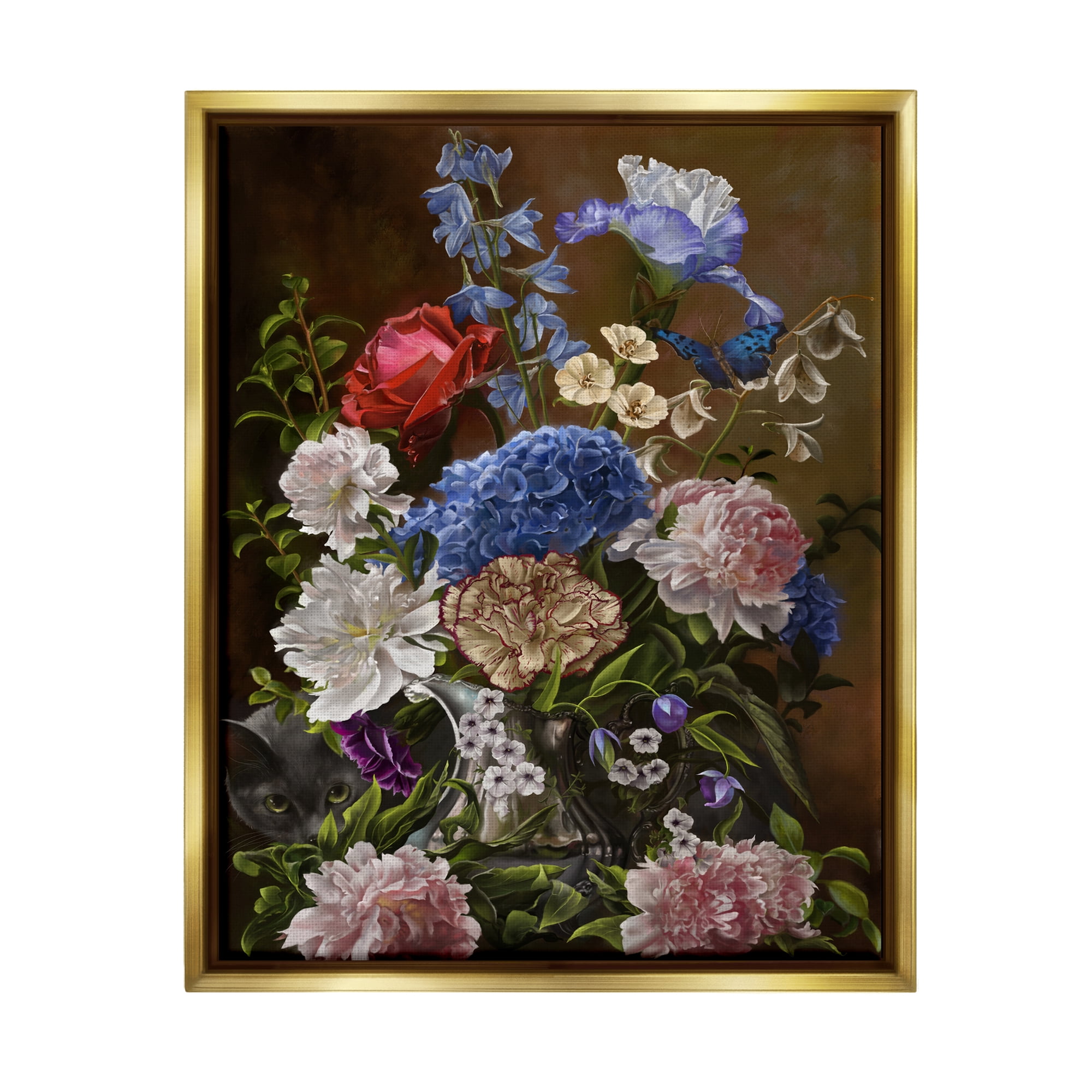 Stupell Industries Vintage Flowers & Cat Botanical & Floral Painting Gold Floater Framed Canvas Art Print Wall Art, 17 x 21