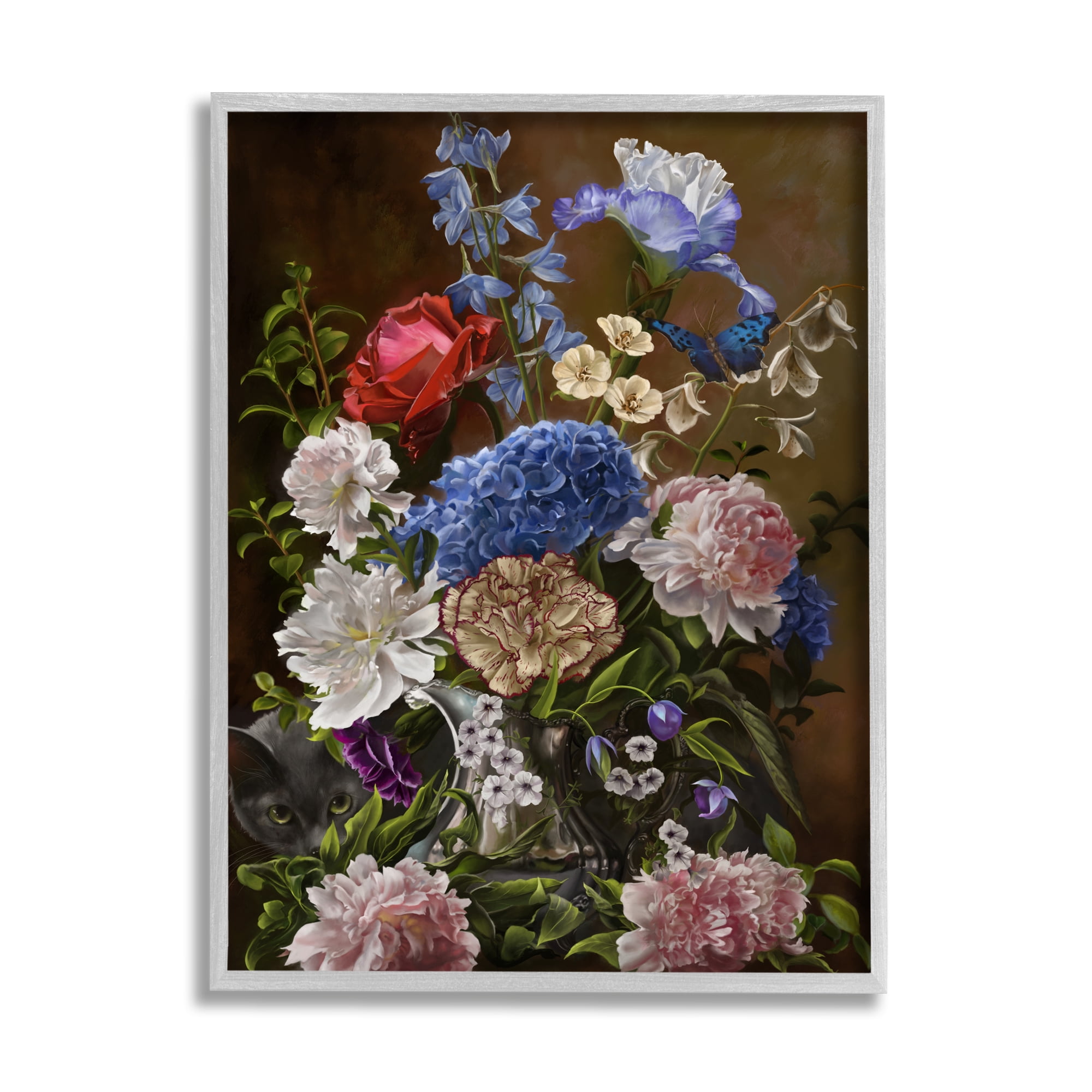 Stupell Industries Vintage Flowers & Cat Botanical & Floral Painting Gray Framed Art Print Wall Art, 11 x 14