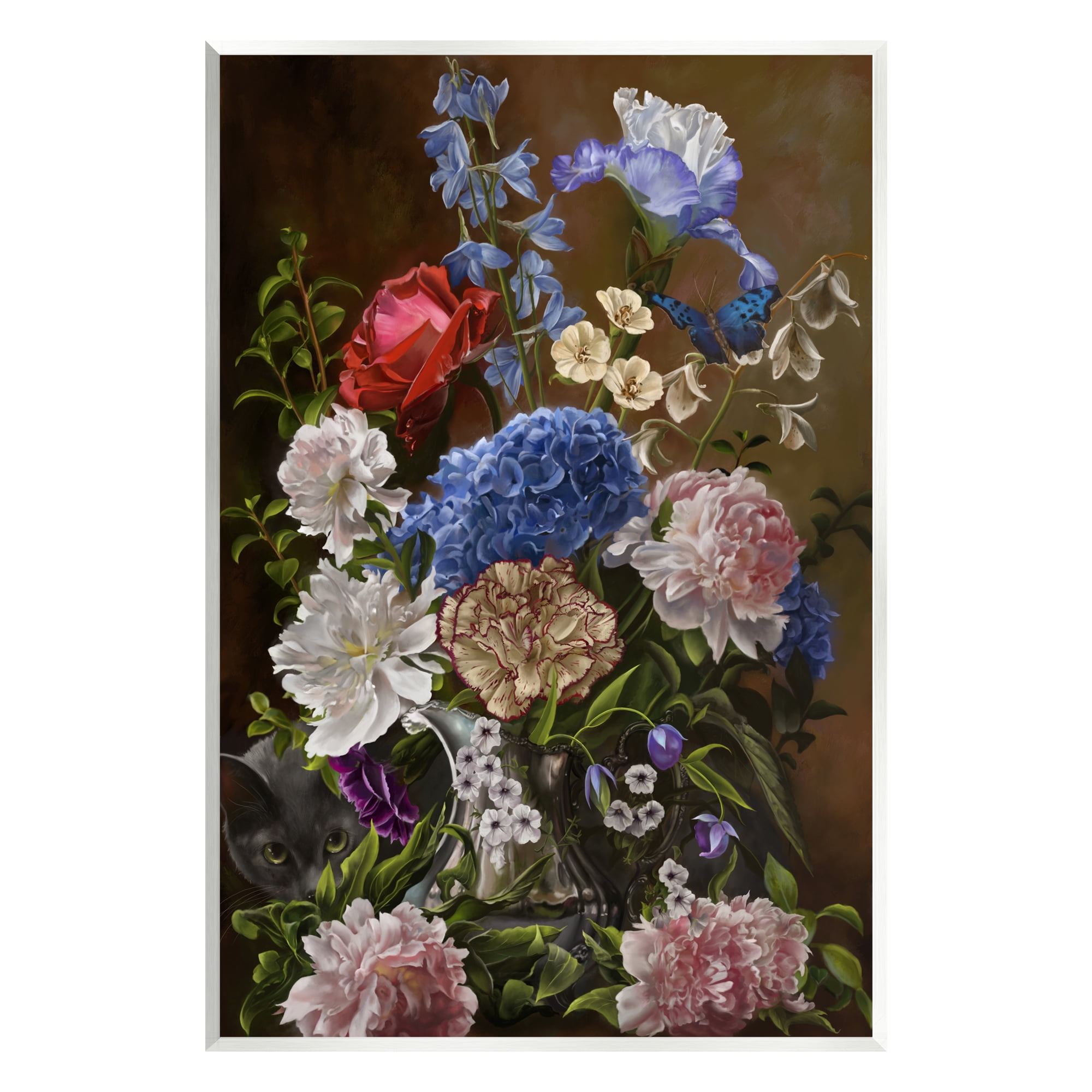 Stupell Industries Vintage Flowers & Cat Botanical & Floral Painting Unframed Art Print Wall Art, 10 x 15