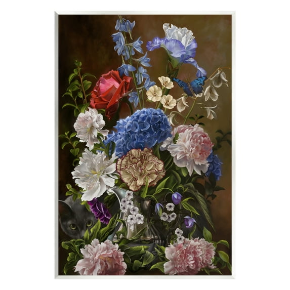 Stupell Industries Vintage Flowers & Cat Botanical & Floral Painting Unframed Art Print Wall Art, 13 x 19