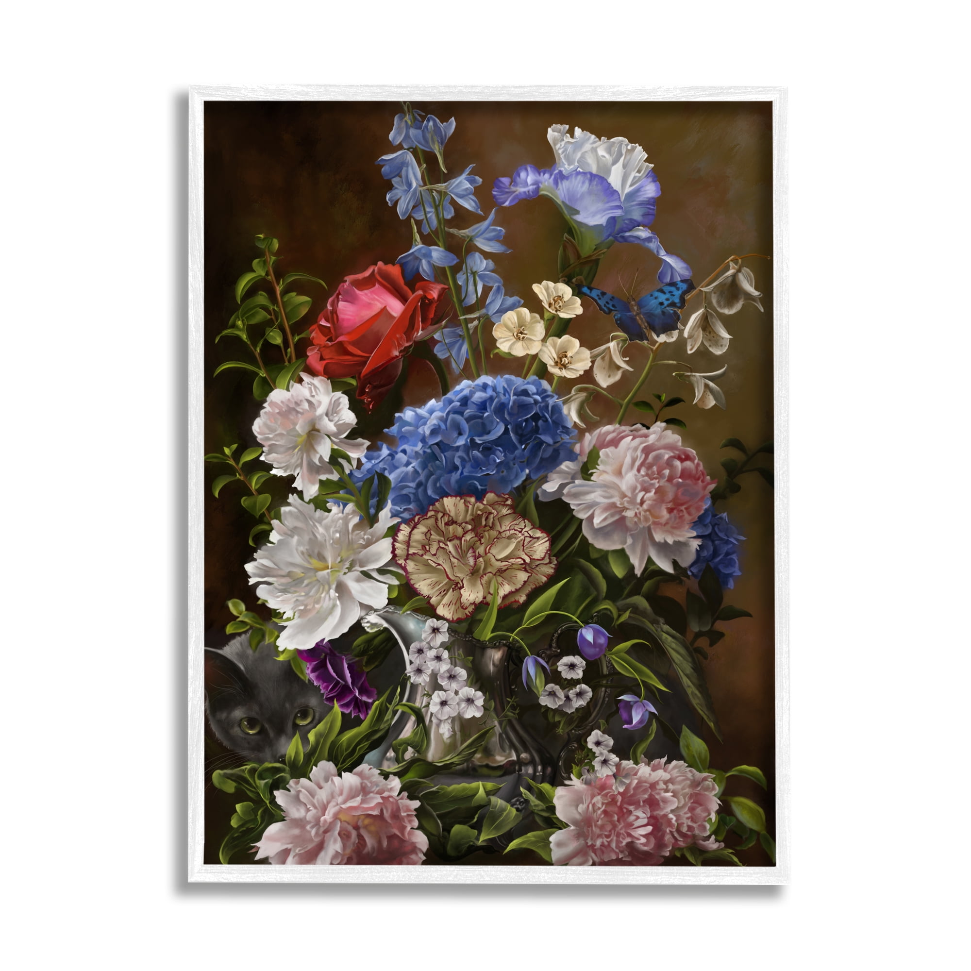 Stupell Industries Vintage Flowers & Cat Botanical & Floral Painting White Framed Art Print Wall Art, 11 x 14