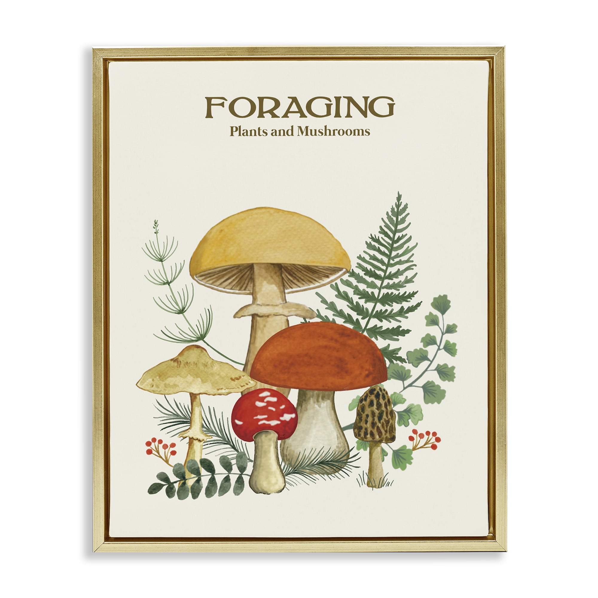 Stupell Industries Vintage Foraging Mushrooms Botanical & Floral Painting Gold Floater Framed Art Print Wall Art, 17 x 21