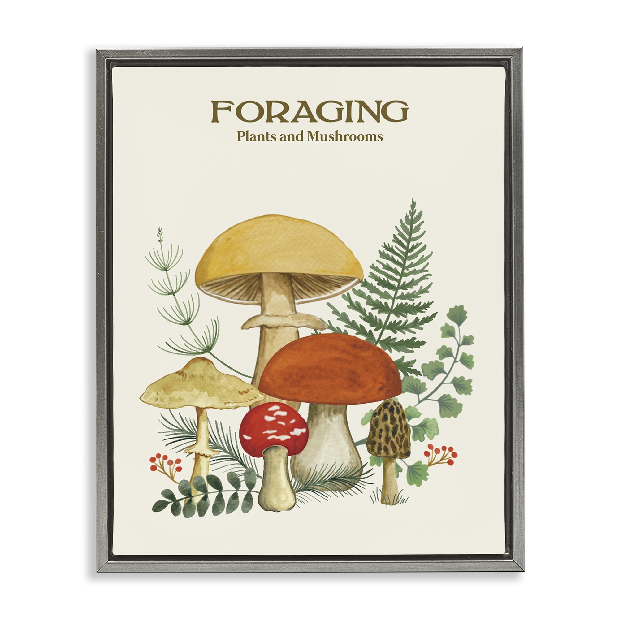 Stupell Industries Vintage Foraging Mushrooms Botanical & Floral Painting Gray Floater Framed Art Print Wall Art, 17 x 21