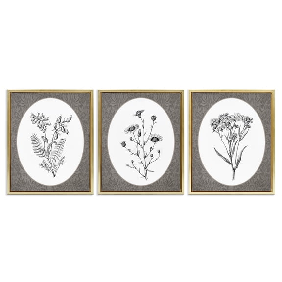 Stupell Industries Vintage Forest Flower Bundles Floral Painting Gold Floater Framed Canvas Art Print Wall Art, 17 x 21, Set of 3