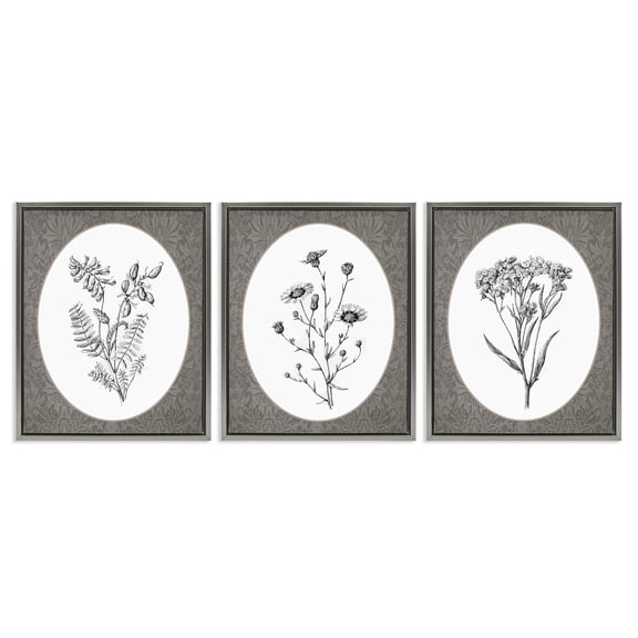 Stupell Industries Vintage Forest Flower Bundles Floral Painting Gray Floater Framed Canvas Art Print Wall Art, 25 x 31, Set of 3