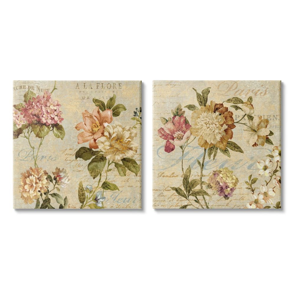 Stupell Industries Vintage French Floral Painting with Background Script Canvas Wall Art Design by Deborah Devellier, 2 Piece, 24" x 24"