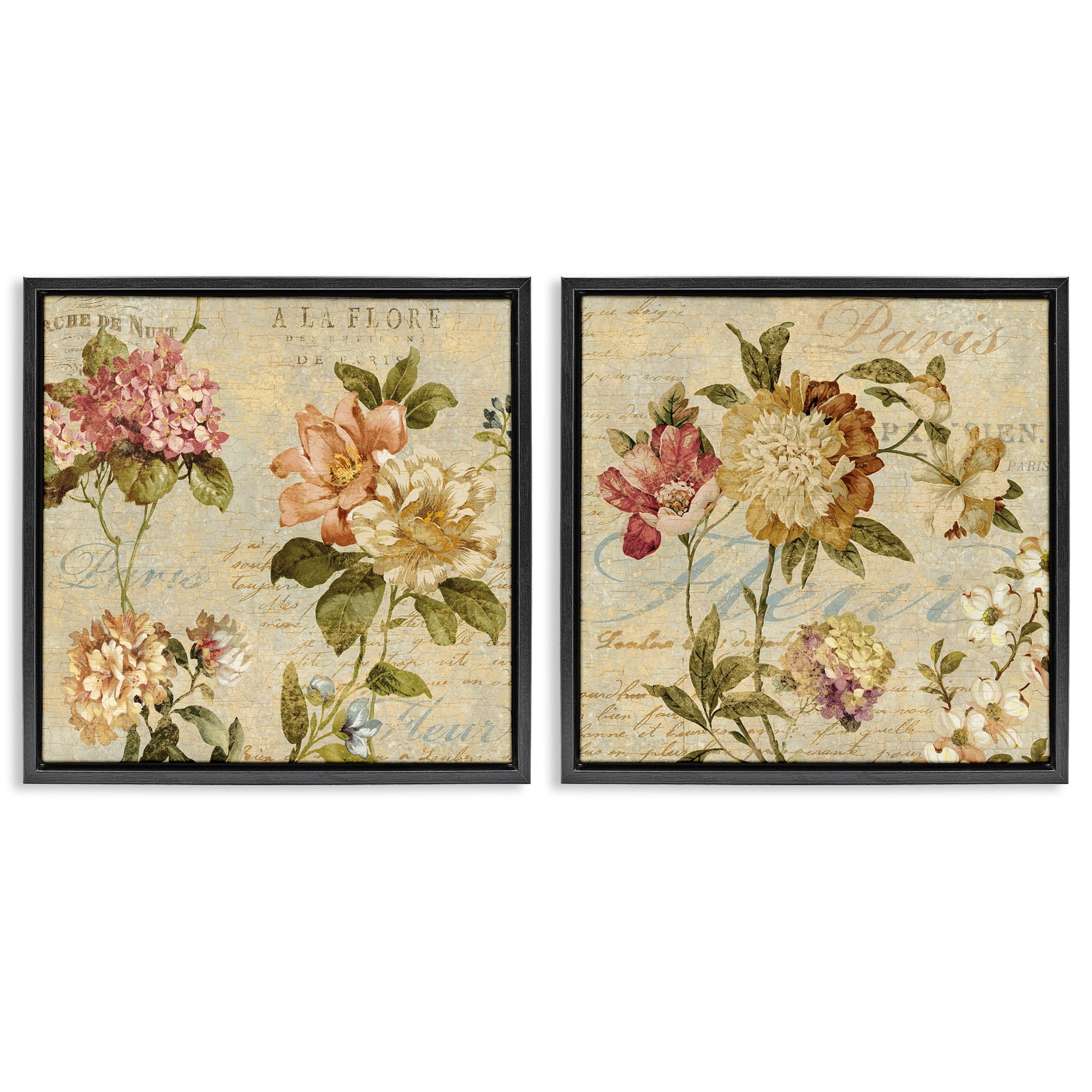 Stupell Industries Vintage French Floral with Script Botanical & Floral Painting Black Floater Framed Canvas Art Print Wall Art, 25 x 25, Set of 2