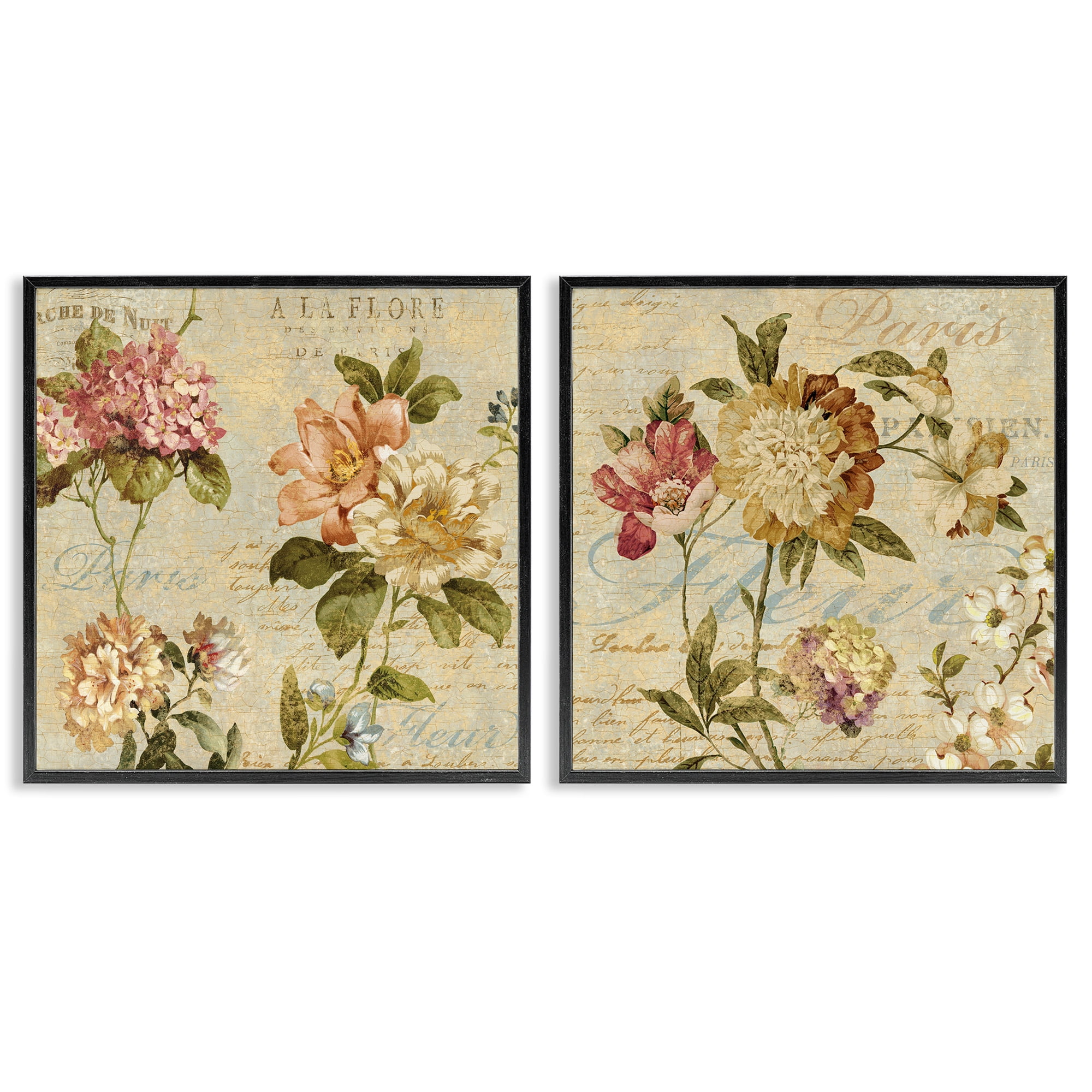 Stupell Industries Vintage French Floral with Script Botanical & Floral Painting Black Framed Art Print Wall Art, 17 x 17, Set of 2
