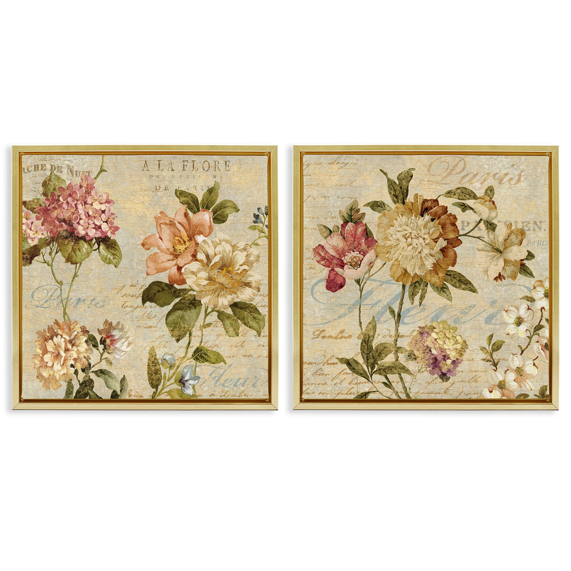 Stupell Industries Vintage French Floral with Script Botanical & Floral Painting Gold Floater Framed Canvas Art Print Wall Art, 18 x 18, Set of 2