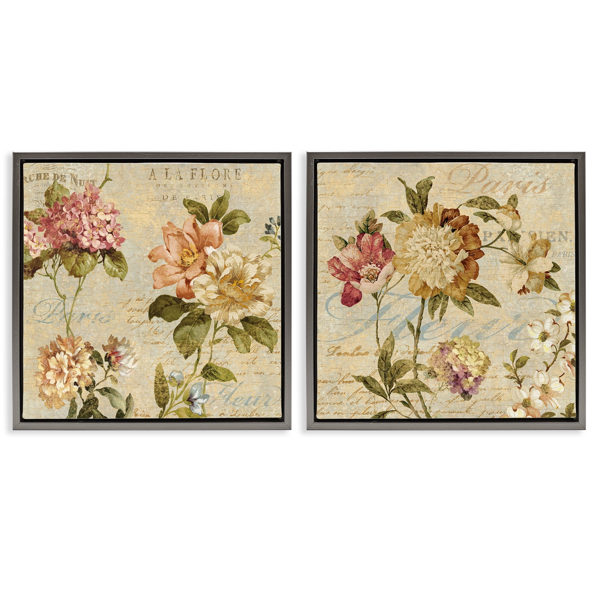 Stupell Industries Vintage French Floral with Script Botanical & Floral Painting Gray Floater Framed Canvas Art Print Wall Art, 18 x 18, Set of 2