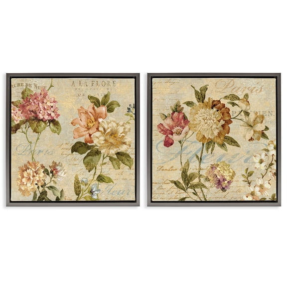Stupell Industries Vintage French Floral with Script Botanical & Floral Painting Gray Floater Framed Canvas Art Print Wall Art, 18 x 18, Set of 2