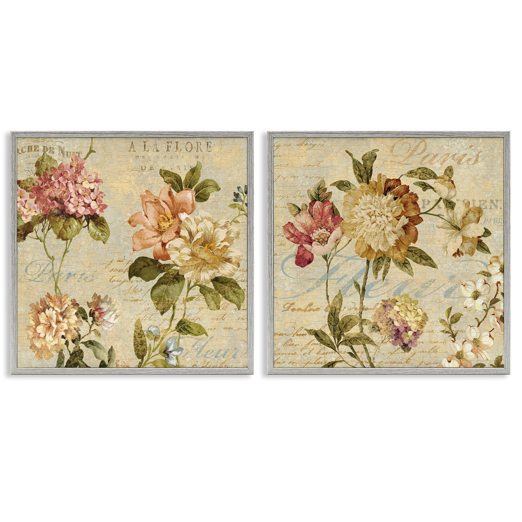 Stupell Industries Vintage French Floral with Script Botanical & Floral Painting Gray Framed Art Print Wall Art, 24 x 24, Set of 2