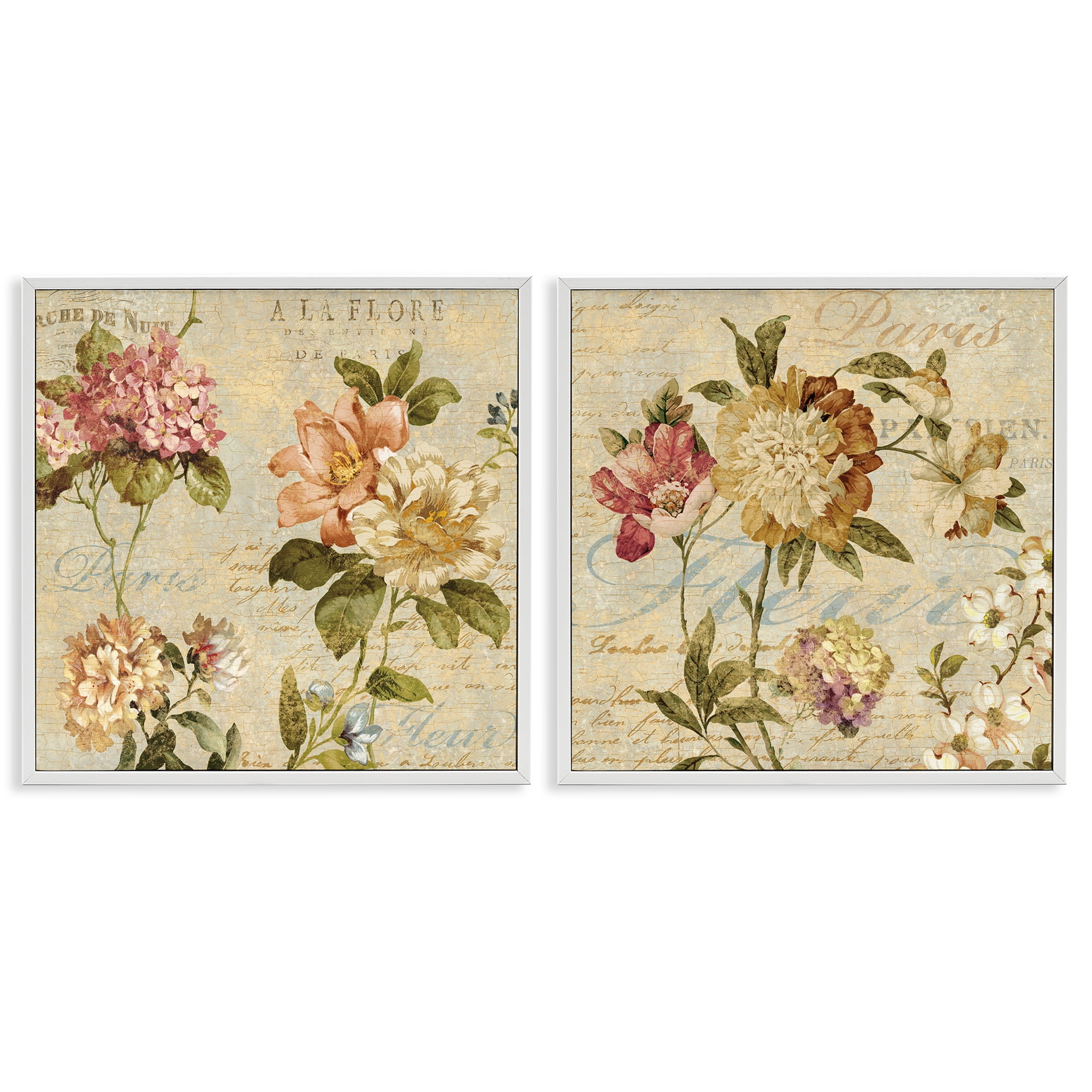 Stupell Industries Vintage French Floral with Script Botanical & Floral Painting White Framed Art Print Wall Art, 24 x 24, Set of 2