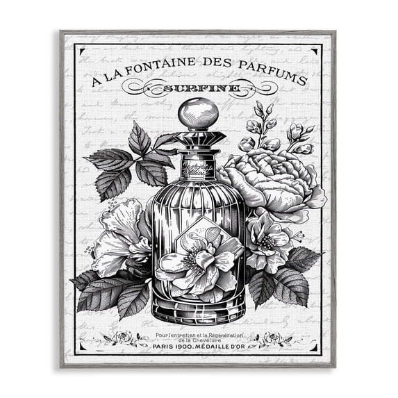Stupell Industries Vintage French Perfume & Blossoms Gray Framed Giclee Art design by Lettered and Lined, 20 x 16