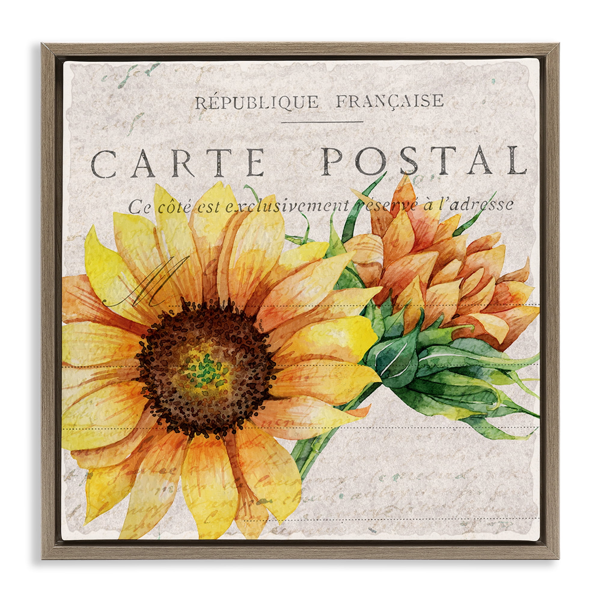 Stupell Industries Vintage French Sunflower Postcard Botanical & Floral Painting Brown Floater Framed Canvas Art Print Wall Art, 18 x 18