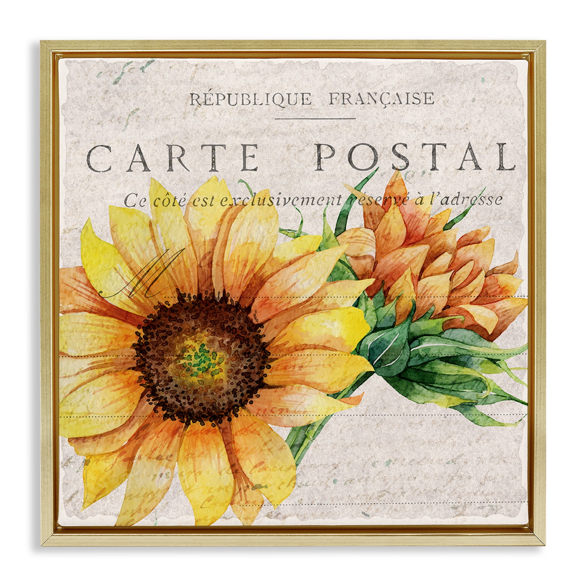 Stupell Industries Vintage French Sunflower Postcard Botanical & Floral Painting Gold Floater Framed Canvas Art Print Wall Art, 25 x 25
