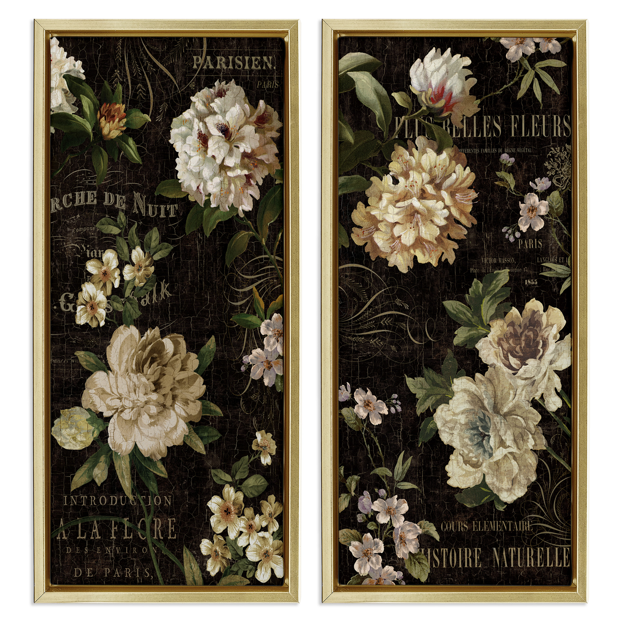 Stupell Industries Vintage French Typography Flowers Botanical & Floral Painting Gold Floater Framed Canvas Art Print Wall Art, 11 x 25, Set of 2