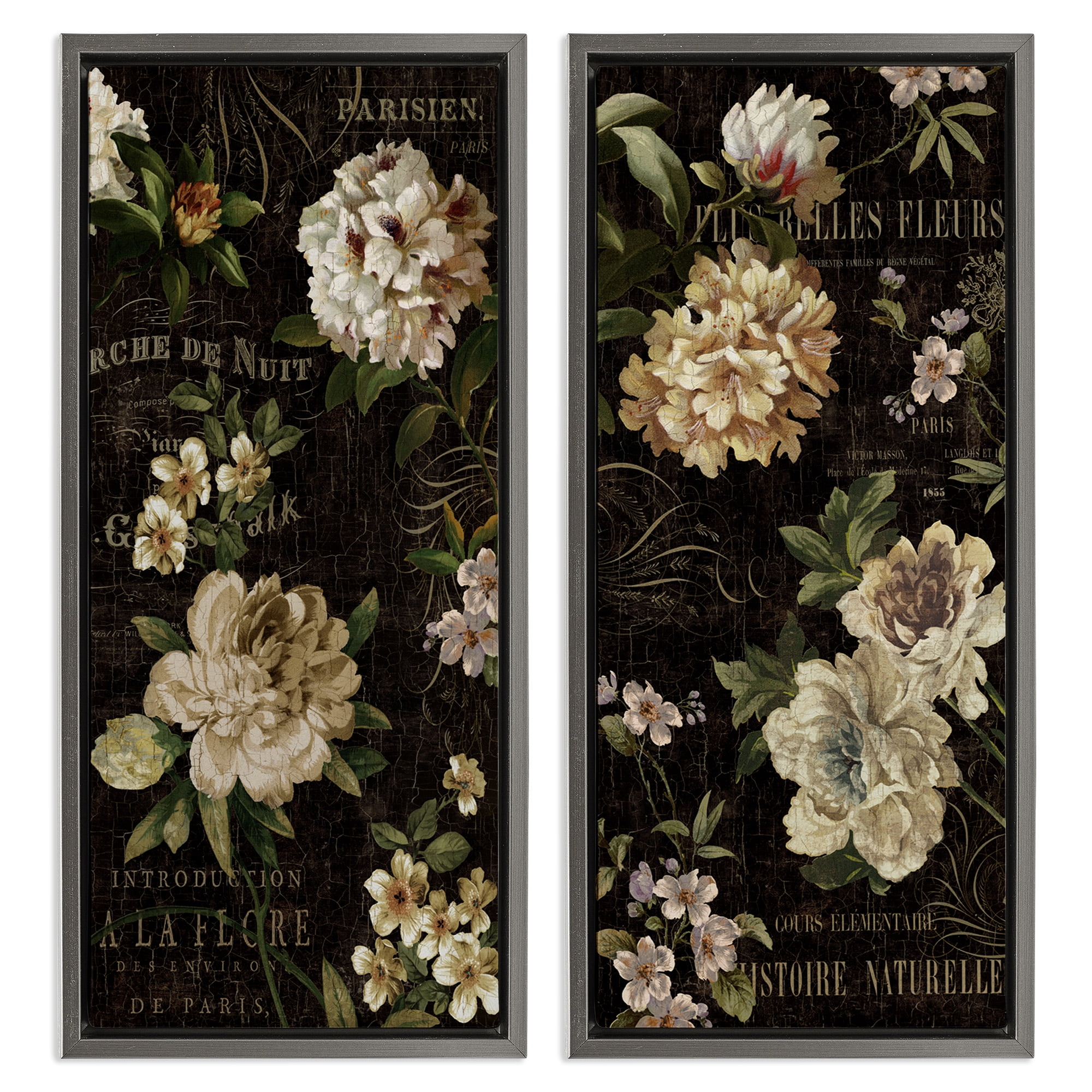 Stupell Industries Vintage French Typography Flowers Botanical & Floral Painting Gray Floater Framed Canvas Art Print Wall Art, 11 x 25, Set of 2