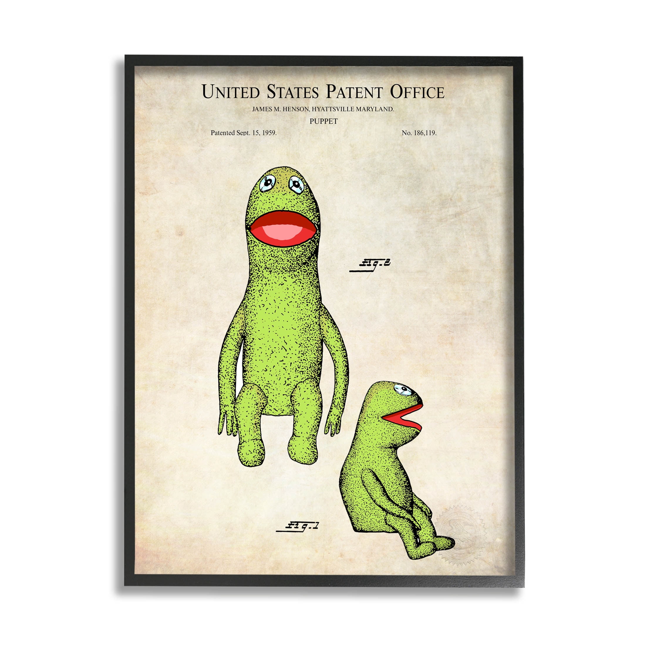 Stupell Industries Vintage Frog Character Puppet Graphic Art Black Framed Art Print Wall Art, Design by Karl Hronek