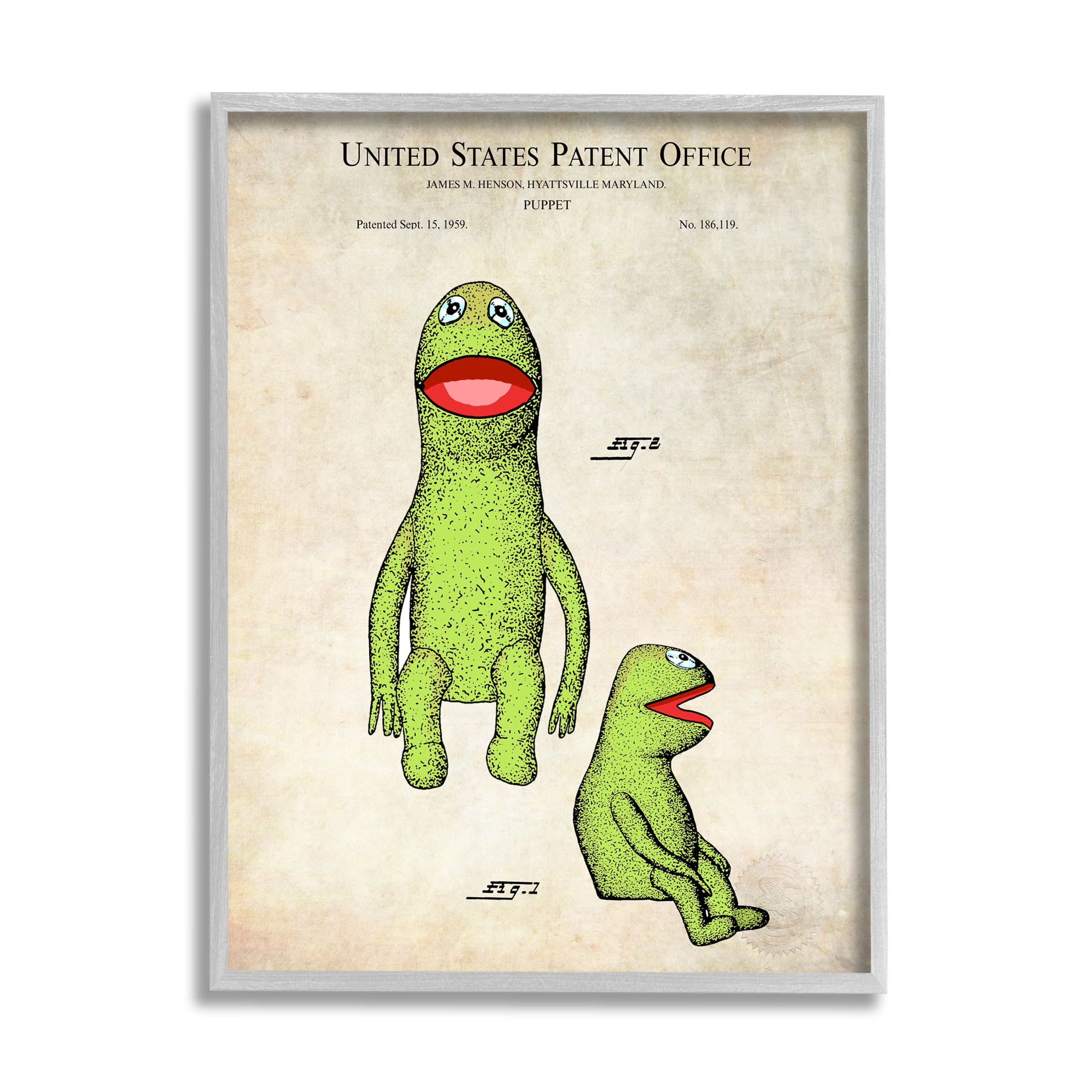 Stupell Industries Vintage Frog Character Puppet Graphic Art Gray Framed Art Print Wall Art, Design by Karl Hronek