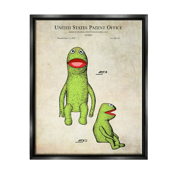 Stupell Industries Vintage Frog Character Puppet Graphic Art Jet Black Floating Framed Canvas Print Wall Art, Design by Karl Hronek