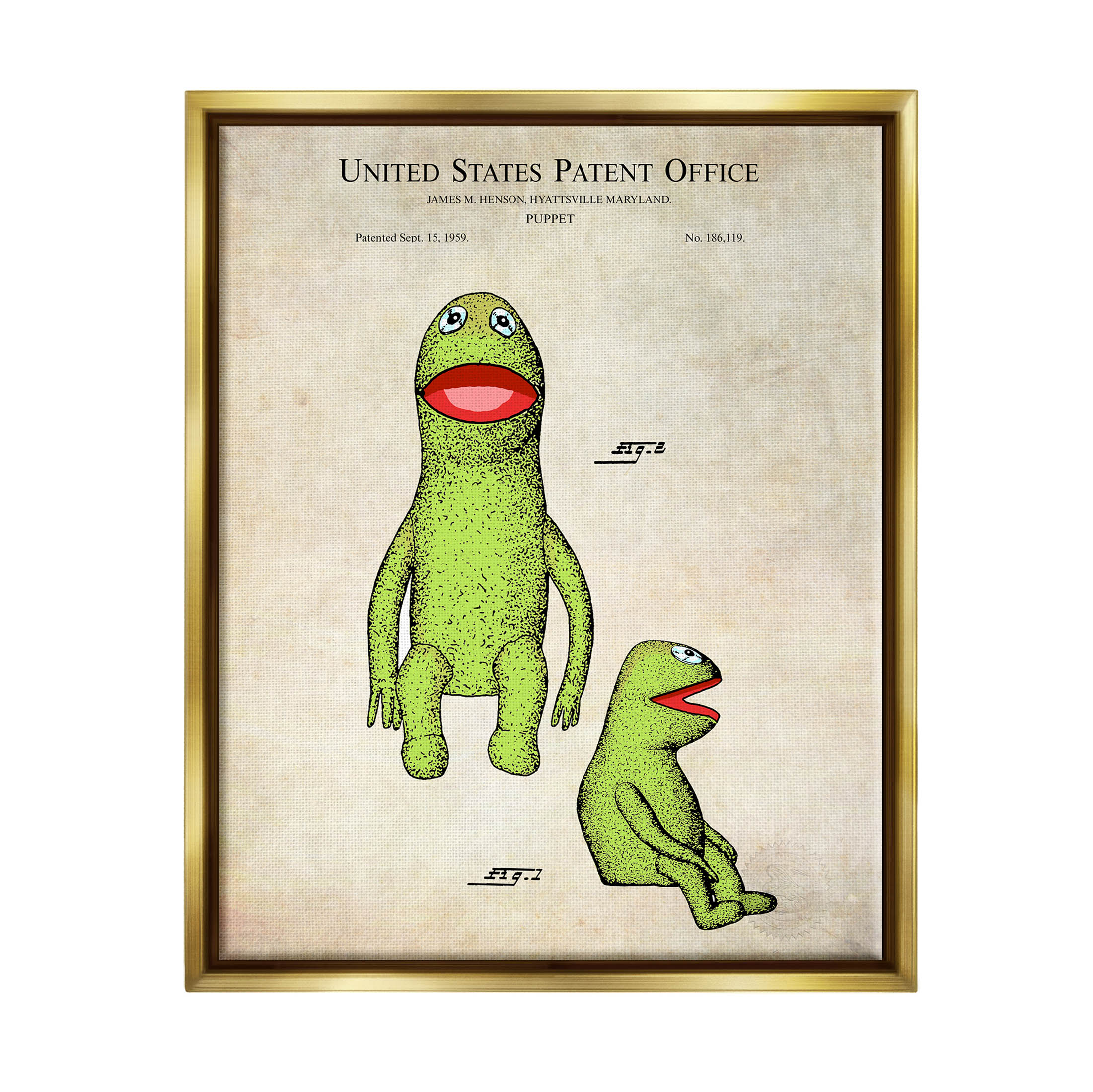 Stupell Industries Vintage Frog Character Puppet Graphic Art Metallic Gold Floating Framed Canvas Print Wall Art, Design by Karl Hronek