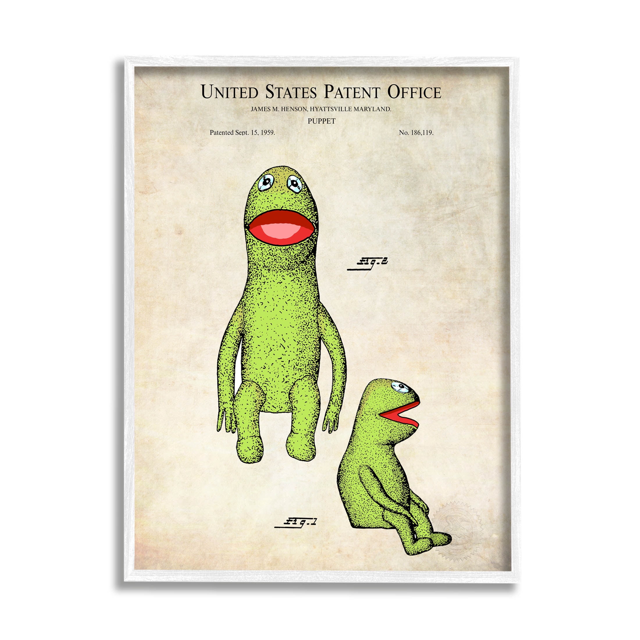 Stupell Industries Vintage Frog Character Puppet Graphic Art White Framed Art Print Wall Art, Design by Karl Hronek