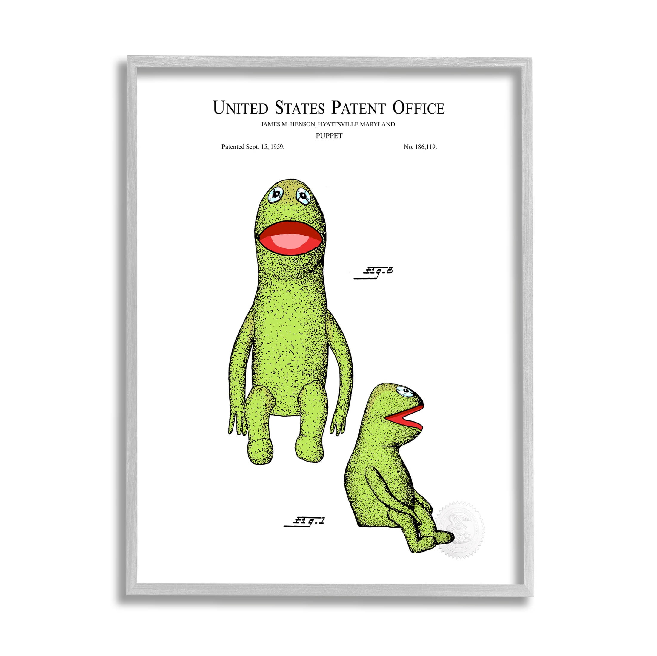 Stupell Industries Vintage Frog Puppet Patent Graphic Art Gray Framed Art Print Wall Art, Design by Karl Hronek