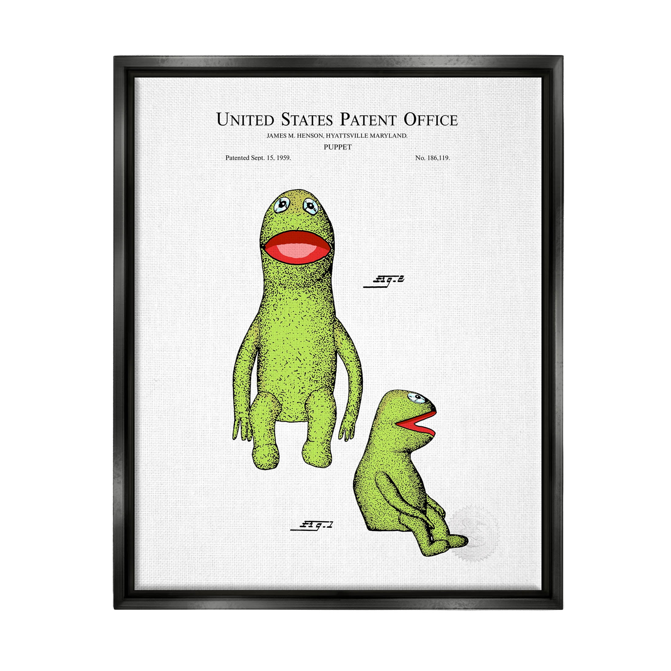 Stupell Industries Vintage Frog Puppet Patent Graphic Art Jet Black Floating Framed Canvas Print Wall Art, Design by Karl Hronek