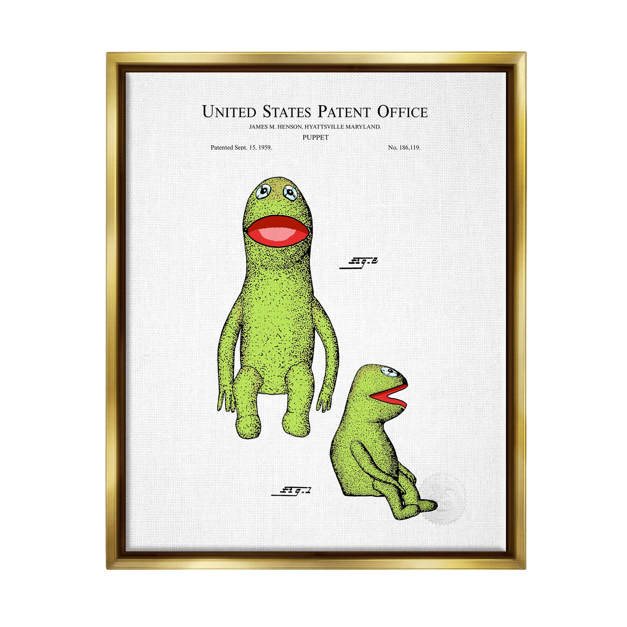 Stupell Industries Vintage Frog Puppet Patent Graphic Art Metallic Gold Floating Framed Canvas Print Wall Art, Design by Karl Hronek