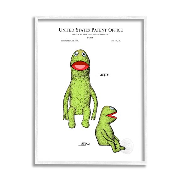 Stupell Industries Vintage Frog Puppet Patent Graphic Art White Framed Art Print Wall Art, Design by Karl Hronek