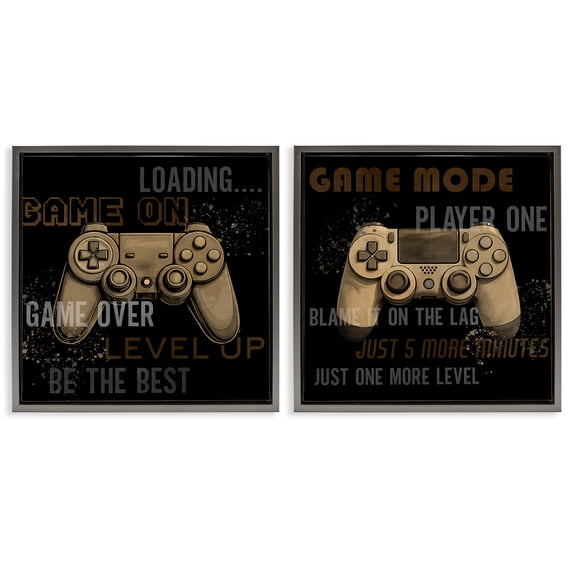 Stupell Industries Vintage Game Controls & Phrases Quotes and Sayings Painting Gray Floater Framed Canvas Art Print Wall Art, 25 x 25, Set of 2