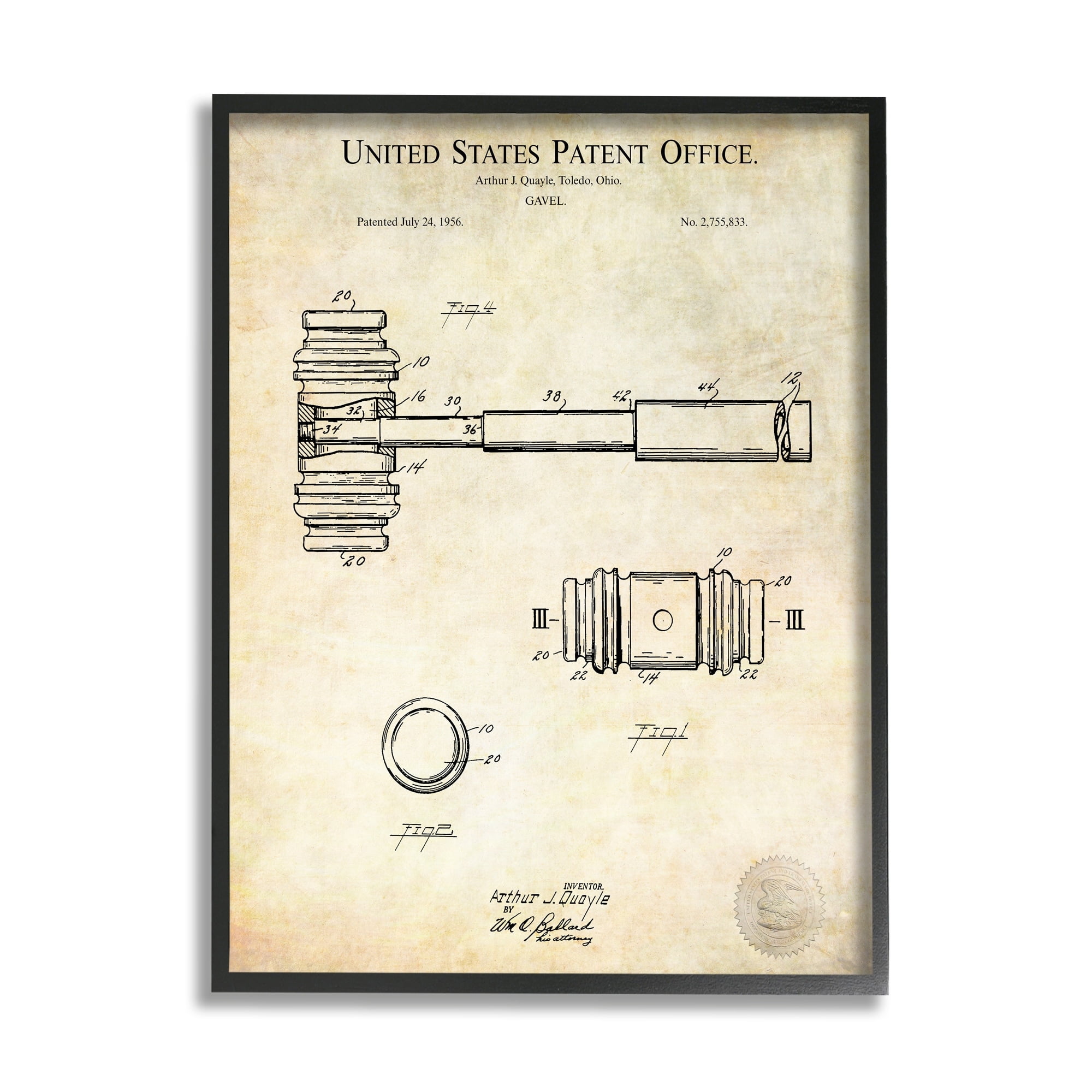 Stupell Industries Vintage Gavel Invention Diagram Patent Text Blueprint Framed Wall Art, 11 x 14, Design by Karl Hronek