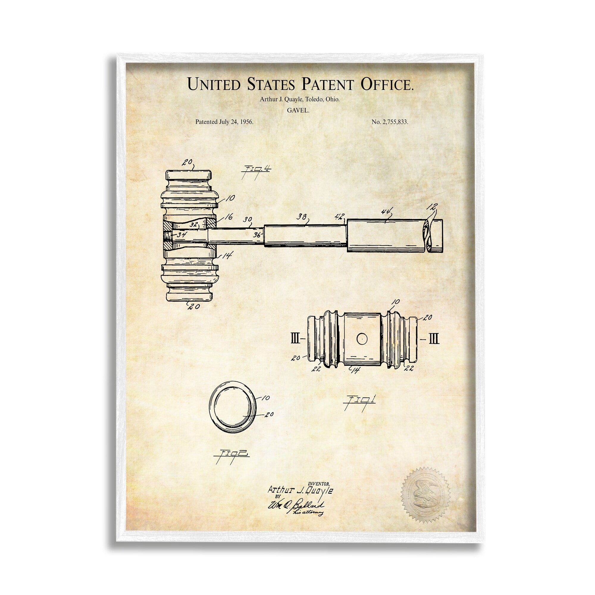 Stupell Industries Vintage Gavel Invention Diagram Patent Text Blueprint Framed Wall Art, 24 x 30, Design by Karl Hronek