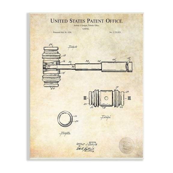 Stupell Industries Vintage Gavel Invention Diagram Patent Text Blueprint Wood Wall Art, 13 x 19, Design by Karl Hronek