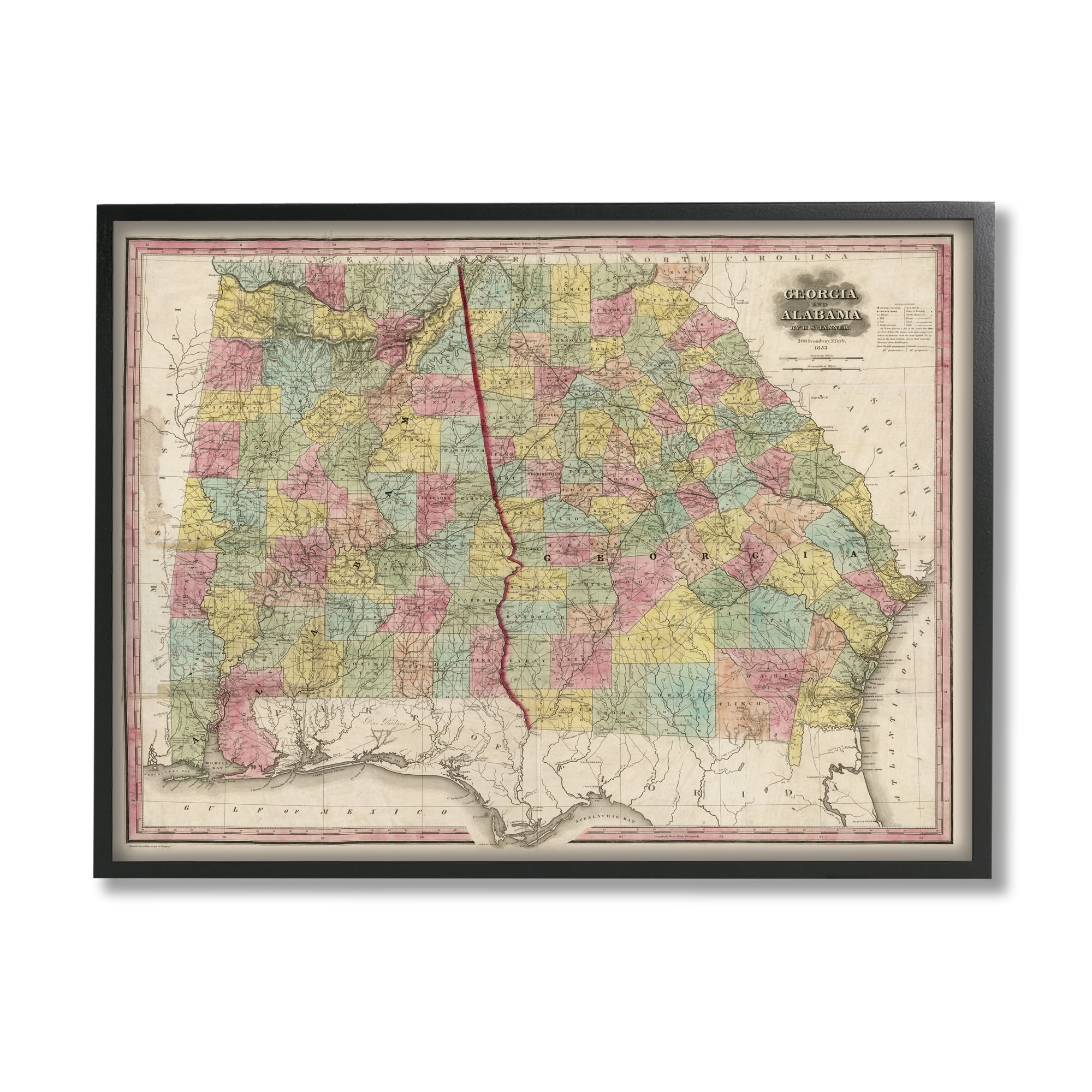 Stupell Industries Vintage Georgia Alabama State Map Regional Borders 1853, 14 x 11, Design by Daphne Polselli