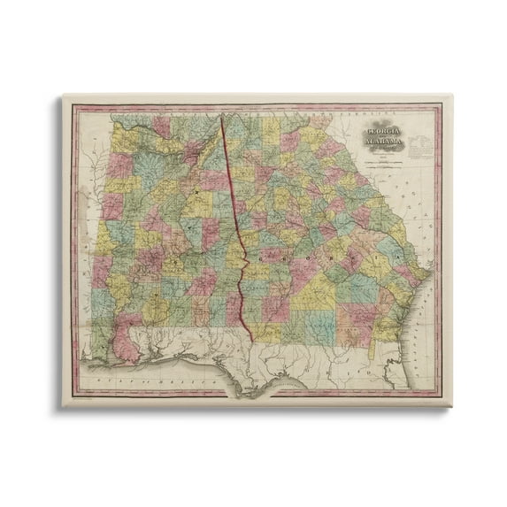 Stupell Industries Vintage Georgia Alabama State Map Regional Borders 1853, 30 x 24, Design by Daphne Polselli