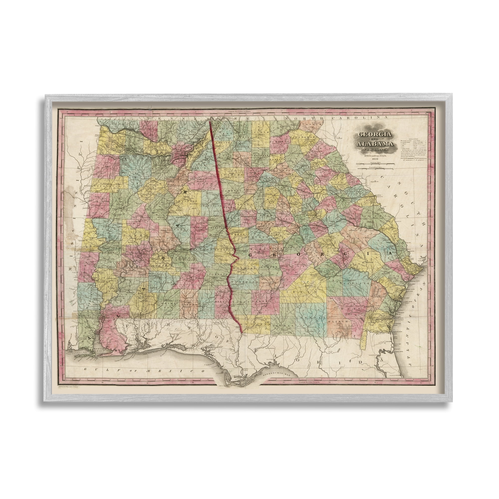 Stupell Industries Vintage Georgia Alabama State Map Regional Borders 1853, 30 x 24, Design by Daphne Polselli